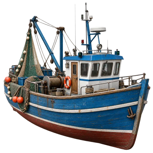 A blue wooden fishing boat has ropes and a raised cabin