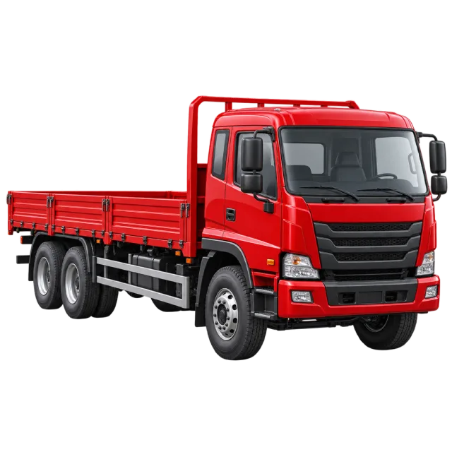 A red flatbed truck has an open rear platform