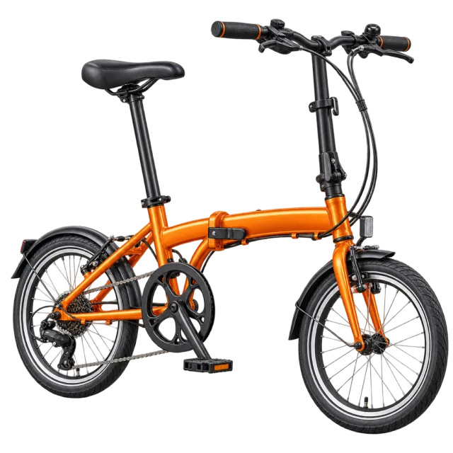 An orange folding bicycle has small wheels and a tall seatpost