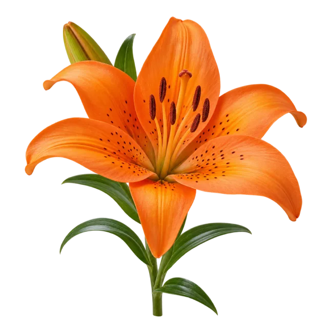 Orange lily with curled speckled petals, prominent stamens and an unopened bud on a transparent background