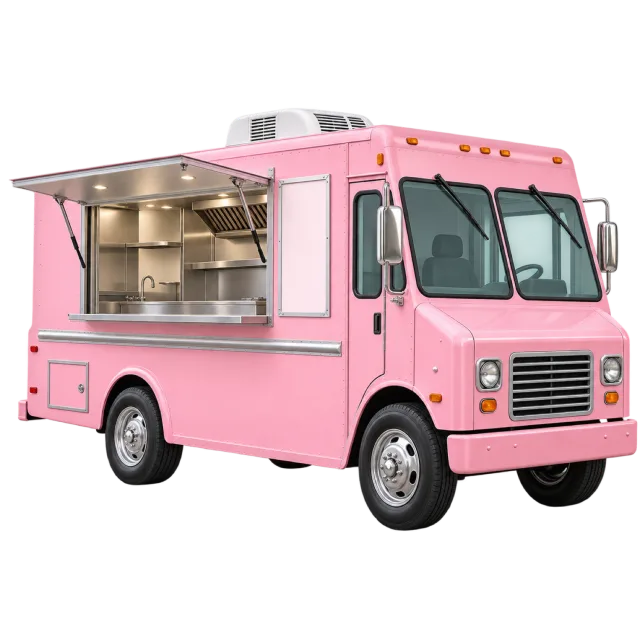 A pink food truck has an open serving window