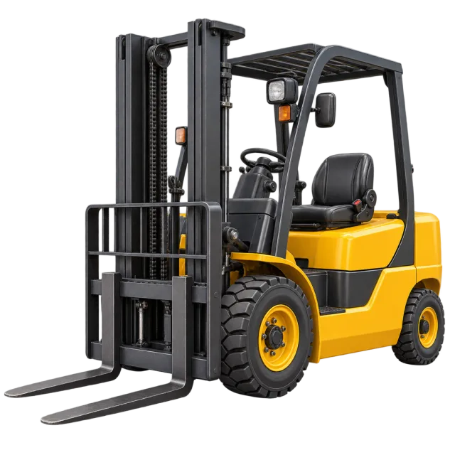 A yellow forklift has raised black lifting rails