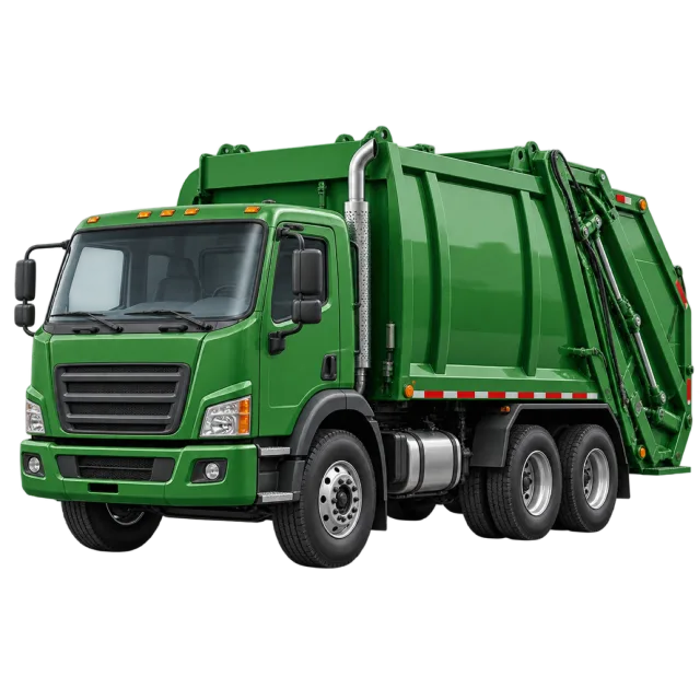 A green refuse truck has a large rear collection body