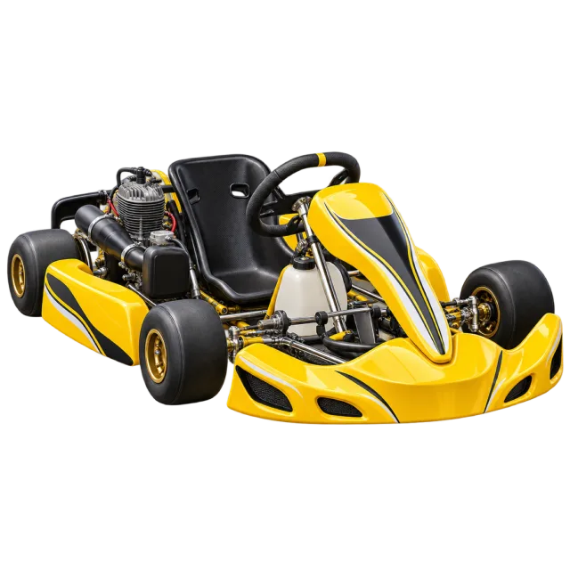A yellow and black go-kart has a low racing seat