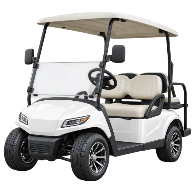 A white golf cart has a pale canopy and two seats