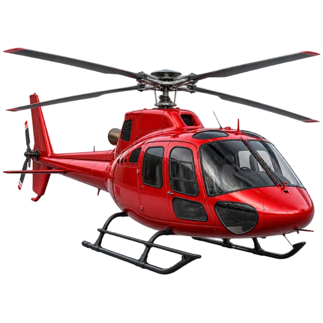 A red helicopter has a long main rotor and landing skids