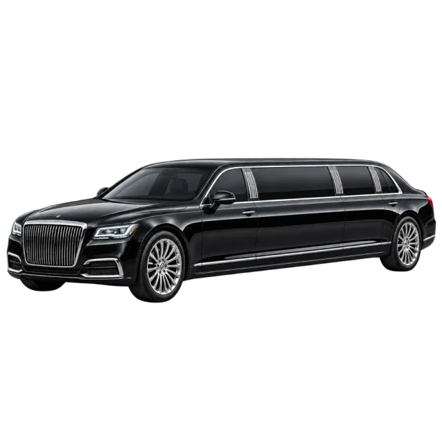 A long black limousine has multiple side windows