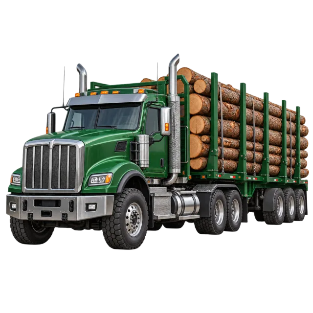 A green logging truck carries stacked cut logs