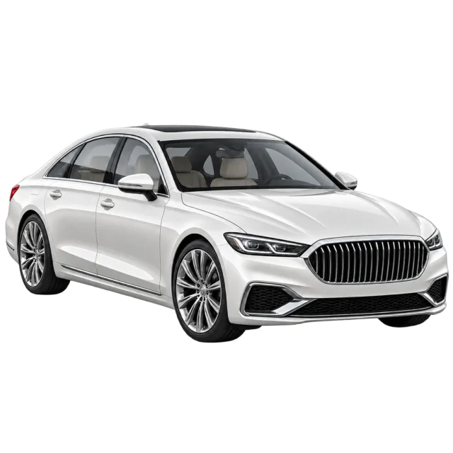 A white luxury-style sedan has a wide front grille
