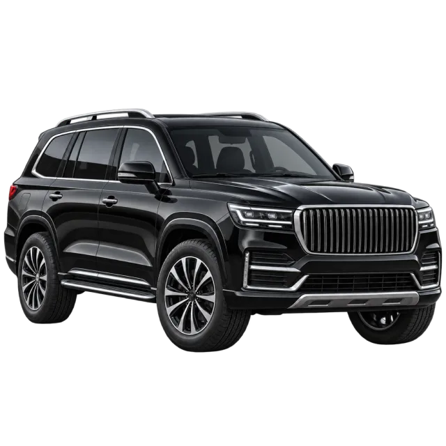 A black luxury-style SUV has a tall grille and roof rails