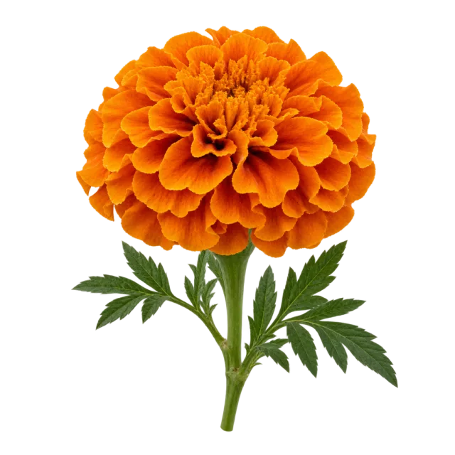 Round orange marigold bloom with densely ruffled petals and divided green leaves on a transparent background