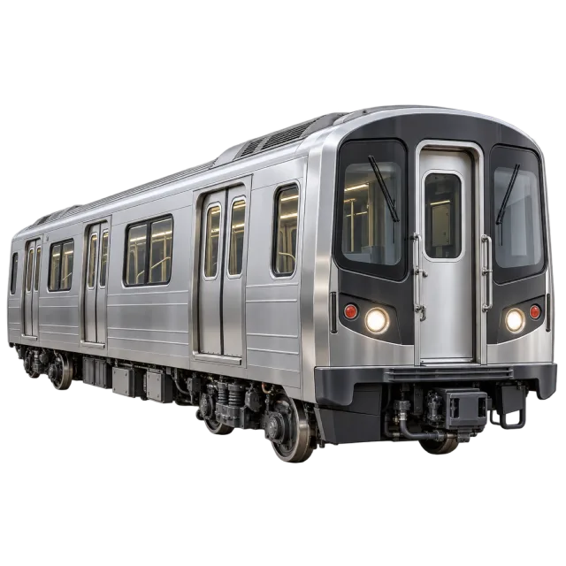 A silver subway train has dark windows and front lights