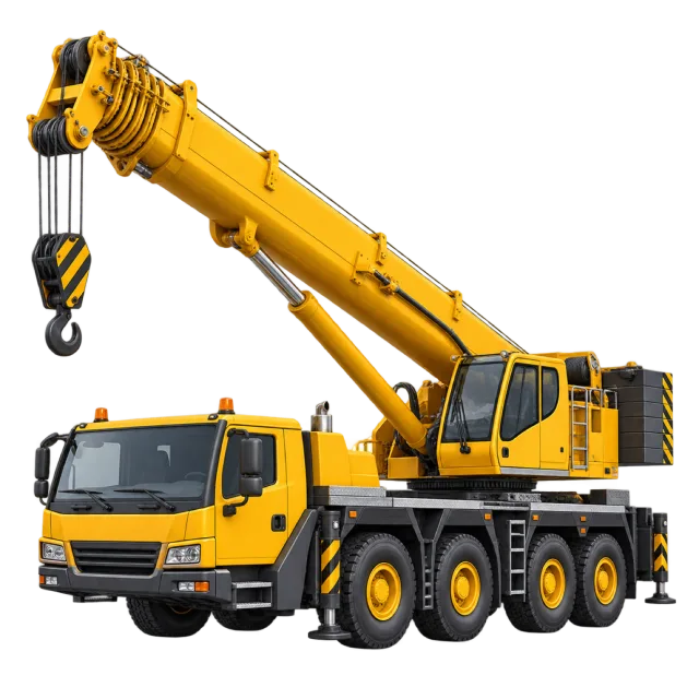 A yellow mobile crane has an extended boom and hanging hook