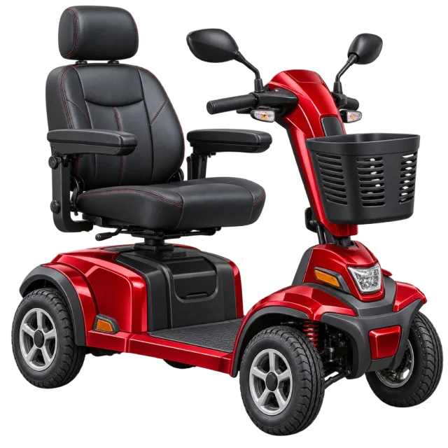 A red mobility scooter has a padded seat and front basket