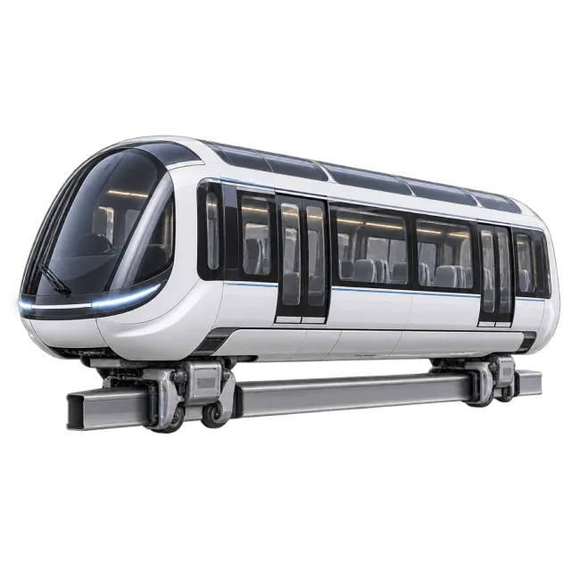 A white monorail vehicle has dark wraparound windows