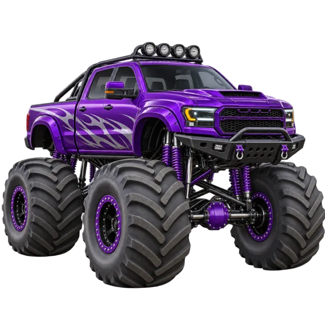 A purple monster truck has oversized tires and roof lights