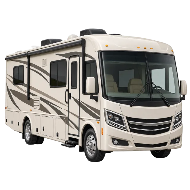 A cream motorhome has dark sweeping side graphics