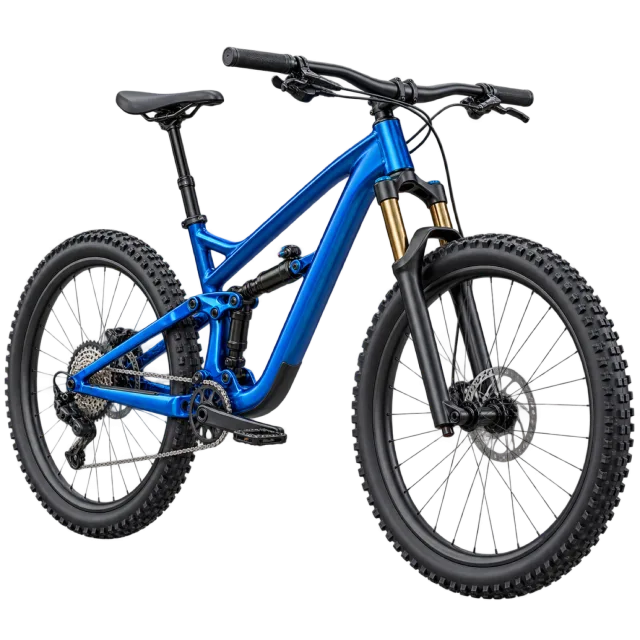 A blue mountain bike has suspension and wide tires