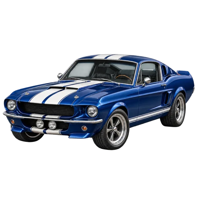 A blue classic muscle car has white racing stripes