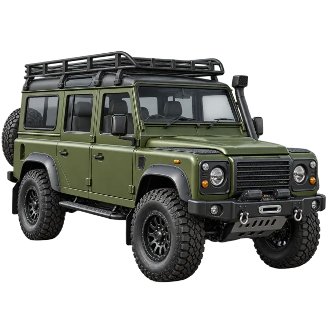 A green off-road vehicle has a roof rack and rugged tires
