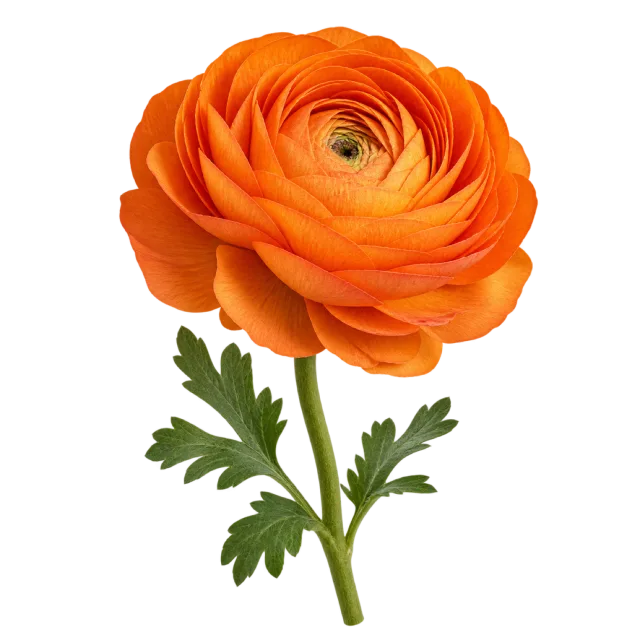 Orange ranunculus flower with tightly layered petals and a leafy green stem on a transparent background