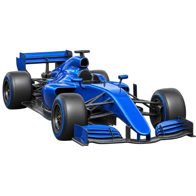 A blue open-wheel racing car has wide exposed tires