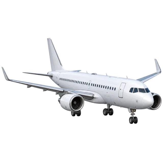 A white passenger airplane has twin engines and lowered landing gear