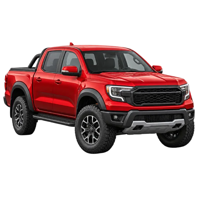 A red pickup truck has a double cab and black wheels