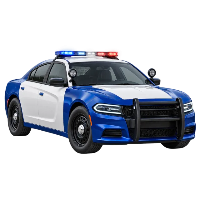 A blue and white police car has a roof lightbar