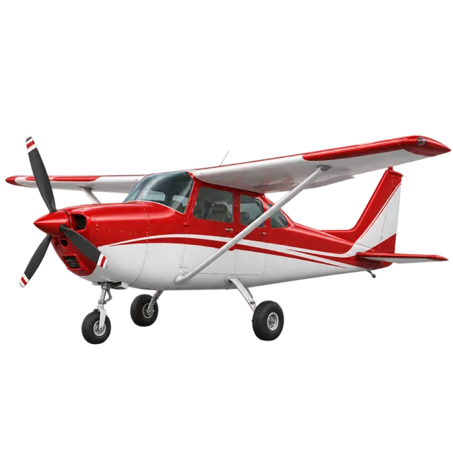 A red and white propeller plane has a high wing