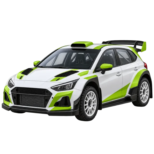 A white rally car has lime accents and a rear spoiler