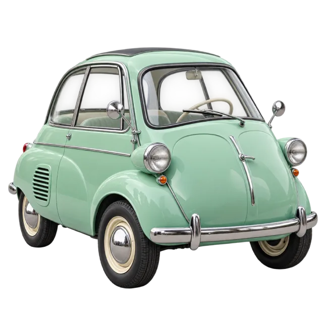 A mint-green retro microcar has a rounded compact body