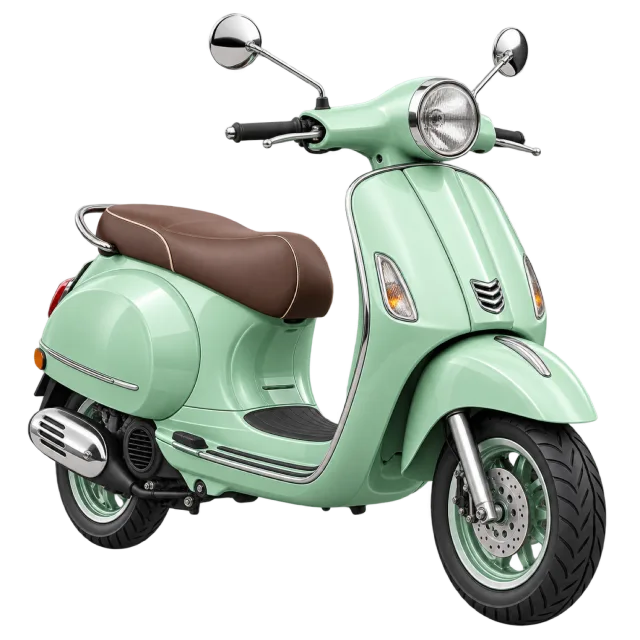 A mint-green scooter has a brown seat and round headlamp