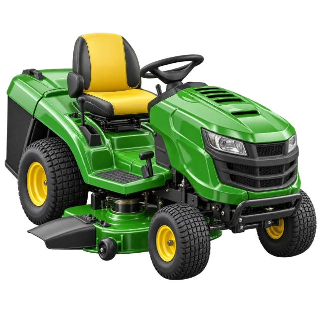 A green ride-on mower has a yellow seat