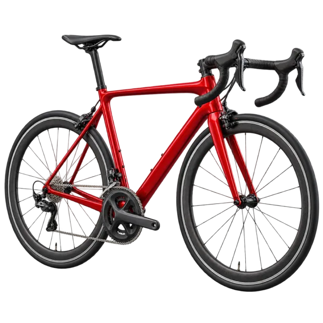 A red road bicycle has drop handlebars and narrow tires