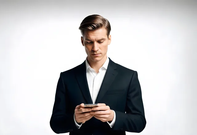 Man in a dark business suit looking down at a smartphone against a light background