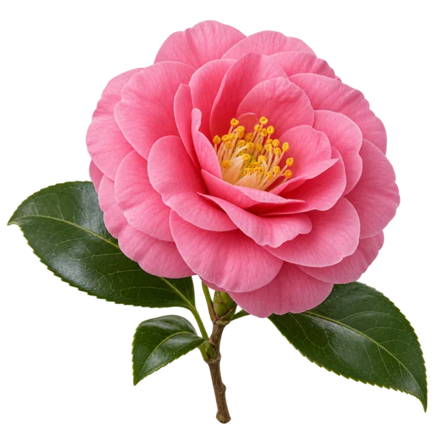 Pink camellia with rounded layered petals, yellow stamens and glossy green leaves on a transparent background