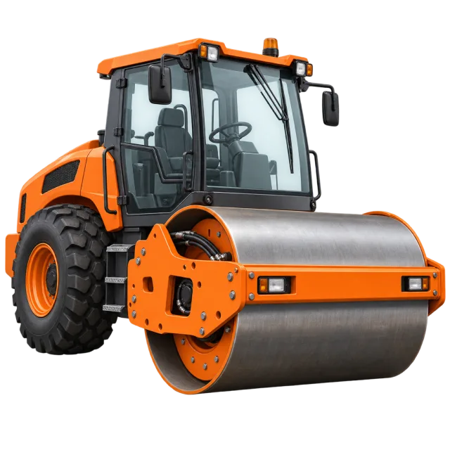 An orange road roller has a wide metal front drum