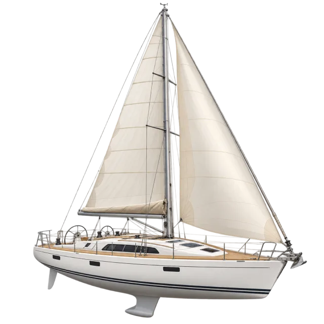 A white sailboat has tall pale sails