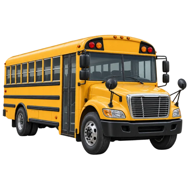 A yellow school bus has a black grille and roof lights