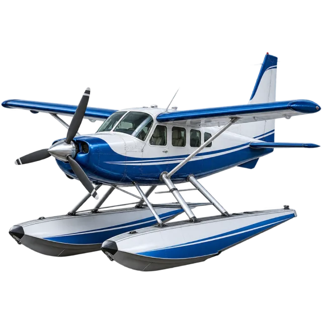 A blue and white seaplane rests on twin floats