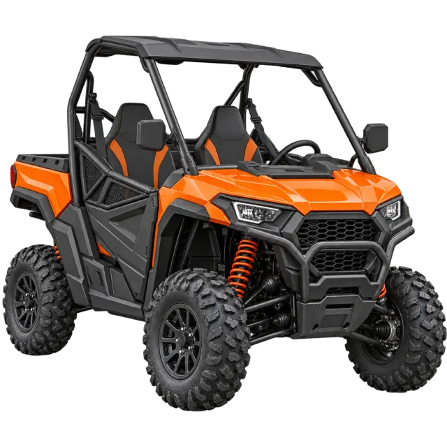 An orange side-by-side utility vehicle has a roll cage and two seats