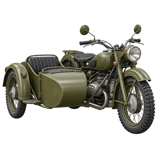 An olive motorcycle has a matching sidecar