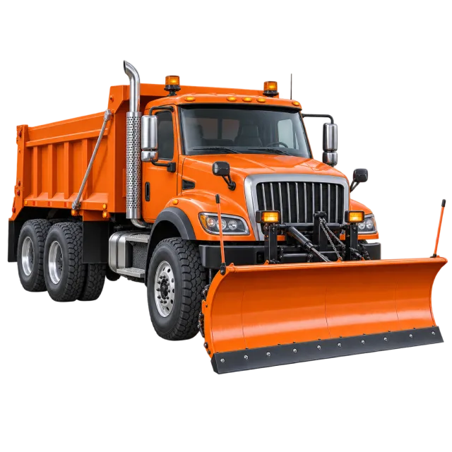 An orange snowplow truck has a broad front blade