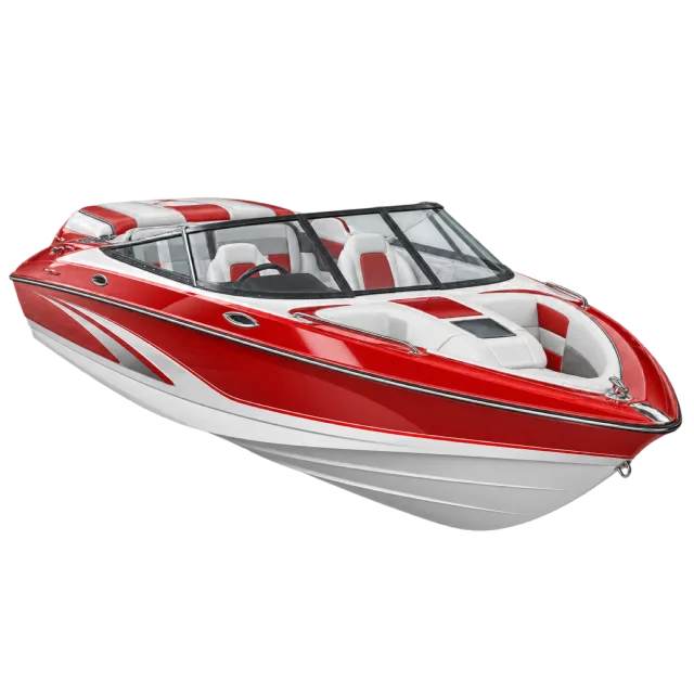 A red and white speedboat has a dark windshield