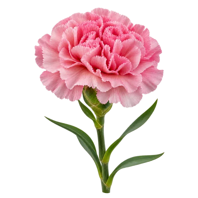 Soft pink carnation with ruffled petals and slender green leaves on a transparent background