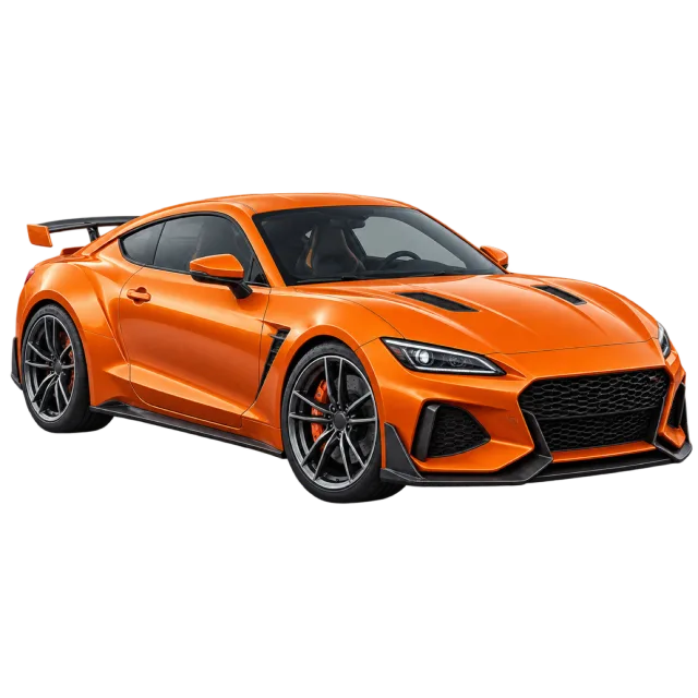 An orange sports coupe has dark wheels and a low front end