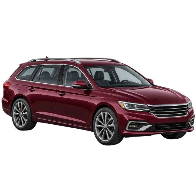 A burgundy station wagon has roof rails