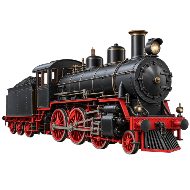 A black steam locomotive has red wheels and trim