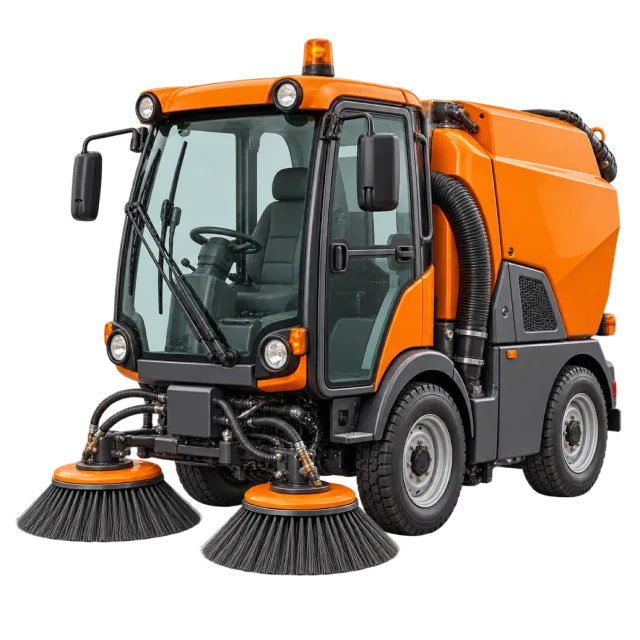 An orange street sweeper has circular front brushes